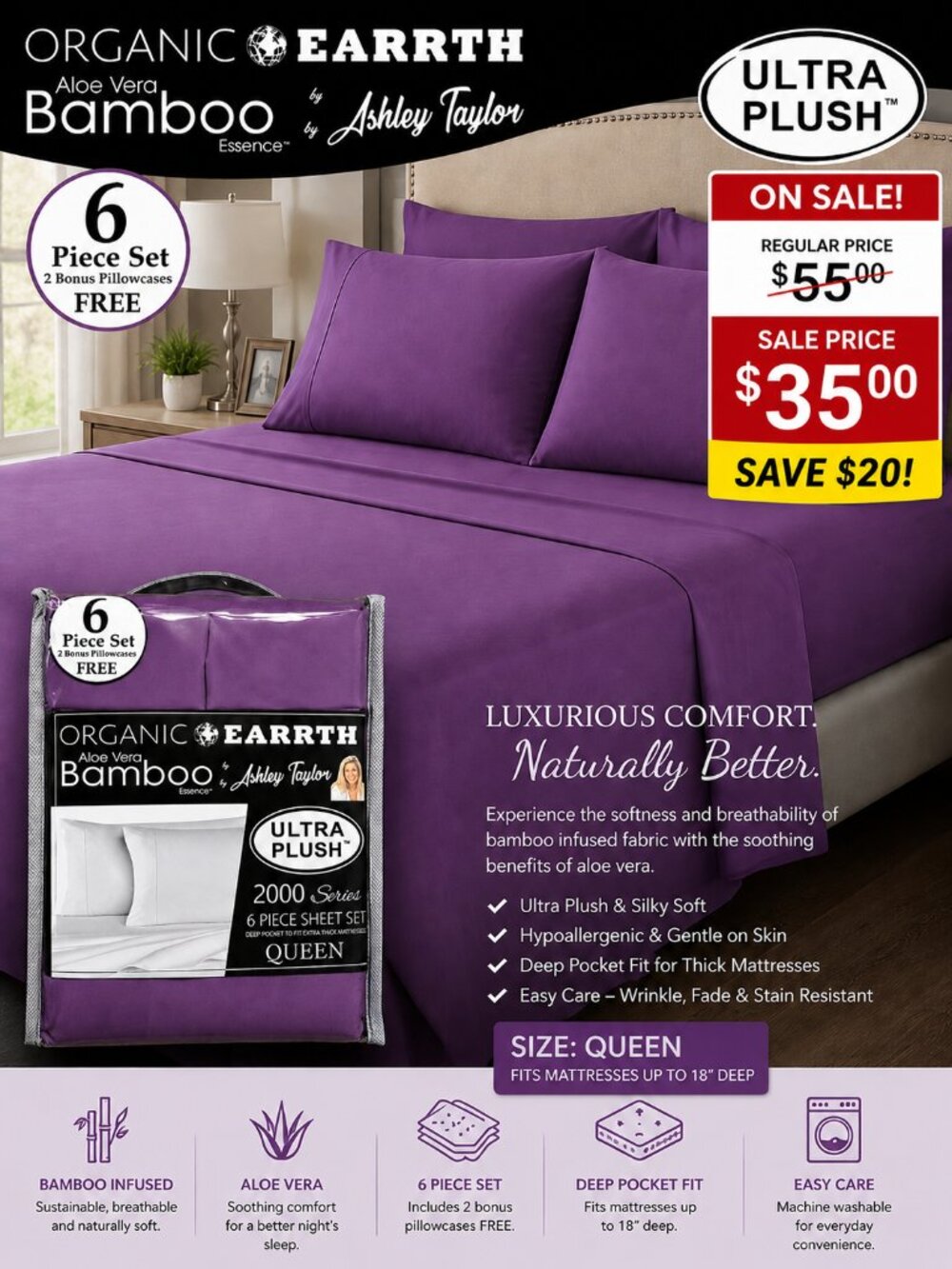 🩷. #1439. Queen Purple Ultra Plush Bamboo Aloe Vera 6 Piece Sheet Set Bedding